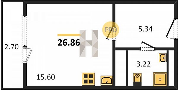 Студия квартира ЖК Родные просторы Знаменский площадь 26.86 м2 кухня 15.6 м2 на 2 этаже номер8