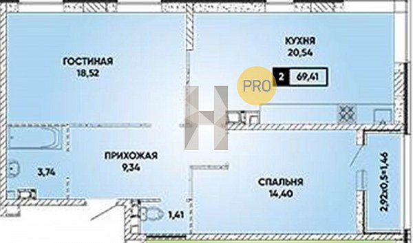 2 квартира ЖК Архитектор Краснодар площадь 70.28 м2 кухня 20.54 м2 на 2 этаже номер41