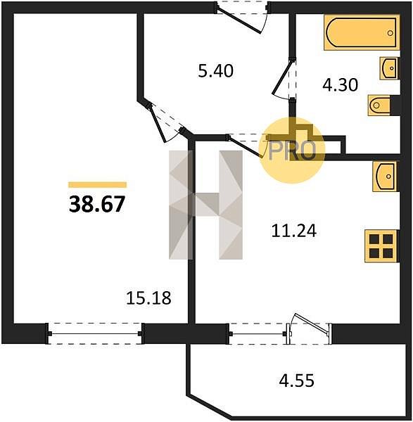 1 квартира ЖК Достояние Краснодар площадь 38.67 м2 кухня 11.24 м2 на 2 этаже номер3