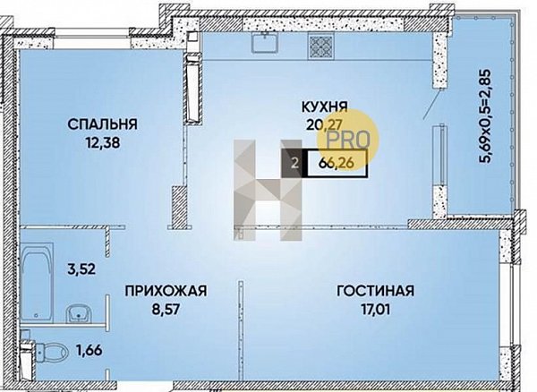 2 квартира ЖК Достояние Краснодар площадь 66.26 м2 кухня 20.27 м2 на 24 этаже номер199