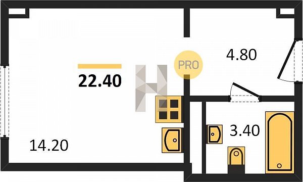 Студия квартира ЖК The Grand Palace Краснодар площадь 21.8 м2 кухня 14.2 м2 на 15 этаже номер1505