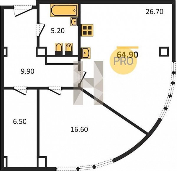 1 квартира ЖК The Grand Palace Краснодар площадь 64.8 м2 кухня 26.7 м2 на 14 этаже номер1414