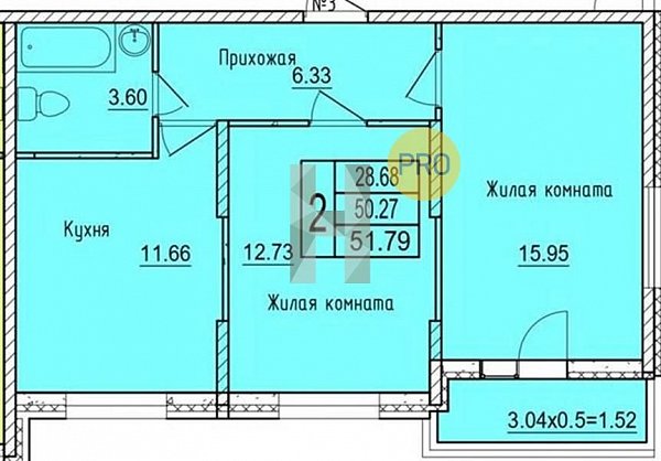 2 квартира ЖК Друг-2 Краснодар площадь 51.79 м2 кухня 11.66 м2 на 8 этаже номер63