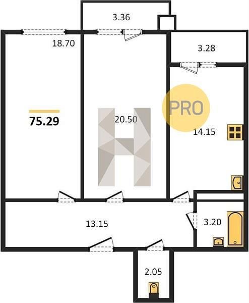 2 квартира ЖК Дом на Московской Краснодар площадь 75.29 м2 кухня 14.15 м2 на 5 этаже номер32