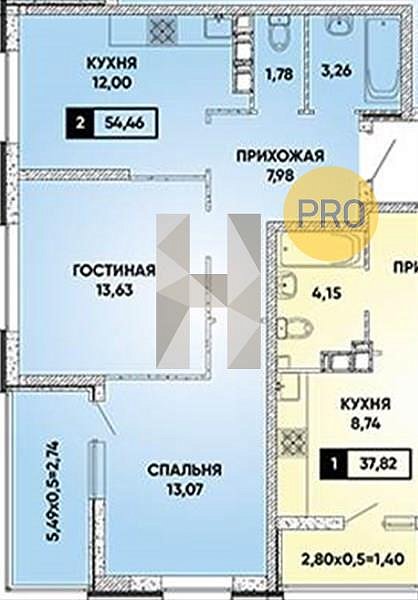 2 квартира ЖК Архитектор Краснодар площадь 54.46 м2 кухня 12 м2 на 3 этаже номер77
