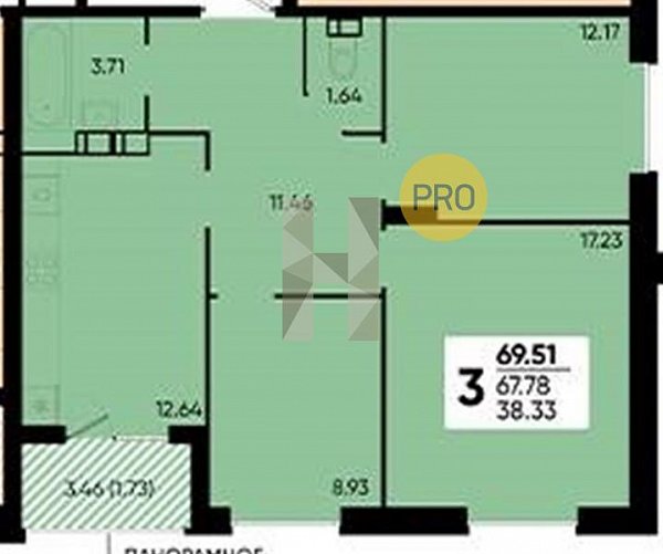 3 квартира ЖК Достояние Краснодар площадь 69.15 м2 кухня 12.64 м2 на 15 этаже номер121