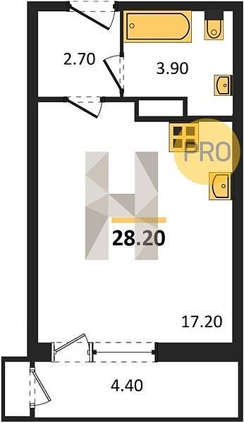 Студия квартира ЖК Рекорд-2 Краснодар площадь 28.2 м2 кухня 17.2 м2 на 7 этаже номер257