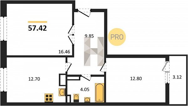 2 квартира ЖК URAL Краснодар площадь 57.42 м2 кухня 12.7 м2 на 19 этаже номер1208