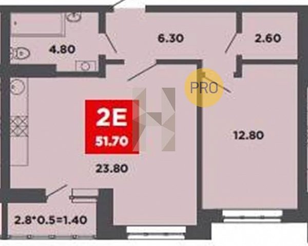 1 квартира ЖК Красная площадь Ромекс Краснодар площадь 51.6 м2 кухня 23.8 м2 на 1 этаже номер5