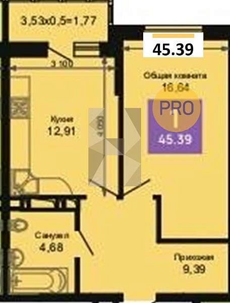 1 квартира ЖК Лучший Краснодар площадь 45.39 м2 кухня 12.91 м2 на 12 этаже номер342