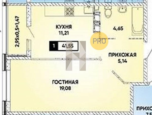 1 квартира ЖК Архитектор Краснодар площадь 41.93 м2 кухня 11.21 м2 на 2 этаже номер45