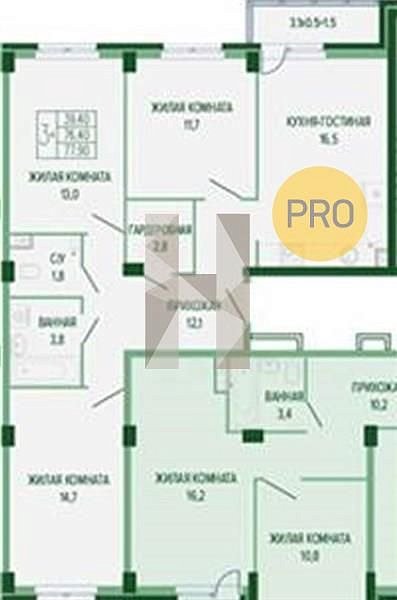 3 квартира ЖК Екатерининский Парк Краснодар площадь 77.9 м2 кухня 16.5 м2 на 2 этаже номер92