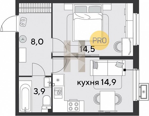 1 квартира ЖК Парк Победы-2 Краснодар площадь 41.3 м2 кухня 14.9 м2 на 2 этаже номер172