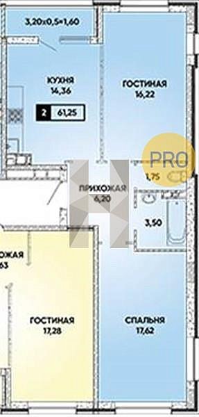 2 квартира ЖК Архитектор Краснодар площадь 61.7 м2 кухня 14.36 м2 на 2 этаже номер2