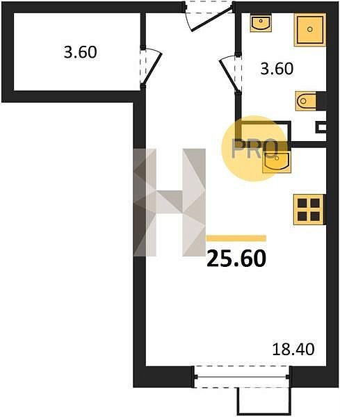 Студия квартира ЖК Парк Победы-2 Краснодар площадь 25.6 м2 кухня 18.4 м2 на 6 этаже номер75