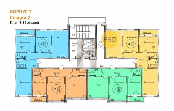 3 квартира ЖК Друг-2 Краснодар площадь 74.27 м2 кухня 17.27 м2 на 12 этаже номер121
