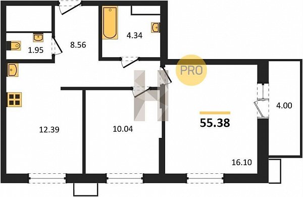 2 квартира ЖК Римские каникулы Армавир площадь 55.38 м2 кухня 12.39 м2 на 7 этаже номер59