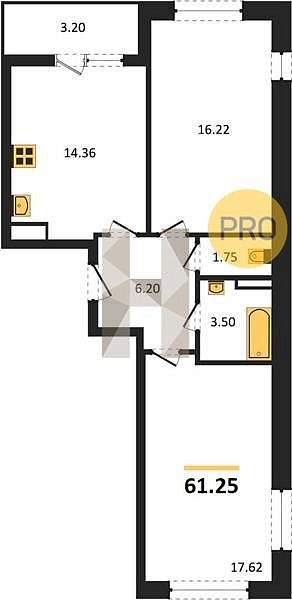 2 квартира ЖК Архитектор Краснодар площадь 61.25 м2 кухня 14.36 м2 на 3 этаже номер10