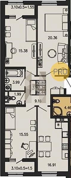 3 квартира ЖК Суворов Кропоткин площадь 86.44 м2 кухня 16.91 м2 на 1 этаже номер72