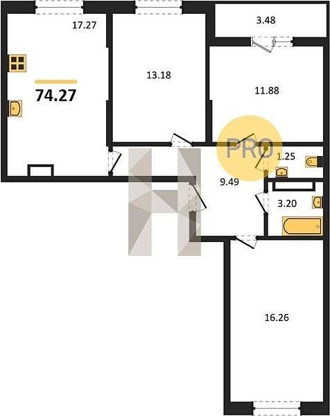 3 квартира ЖК Друг-2 Краснодар площадь 74.27 м2 кухня 17.27 м2 на 12 этаже номер121
