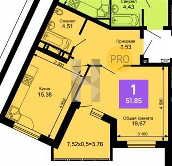 1 квартира ЖК Лучший Краснодар площадь 51.85 м2 кухня 15.38 м2 на 10 этаже номер200