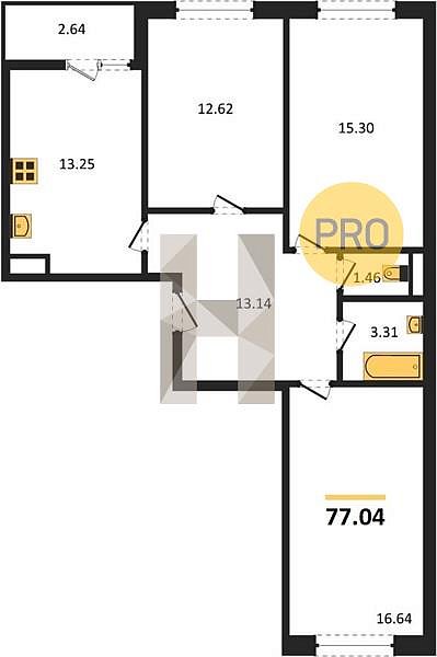 3 квартира ЖК Архитектор Краснодар площадь 77.04 м2 кухня 13.25 м2 на 4 этаже номер233