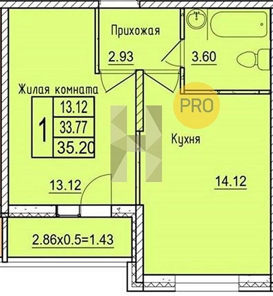 1 квартира ЖК Друг-2 Краснодар площадь 35.2 м2 кухня 14.12 м2 на 8 этаже номер64