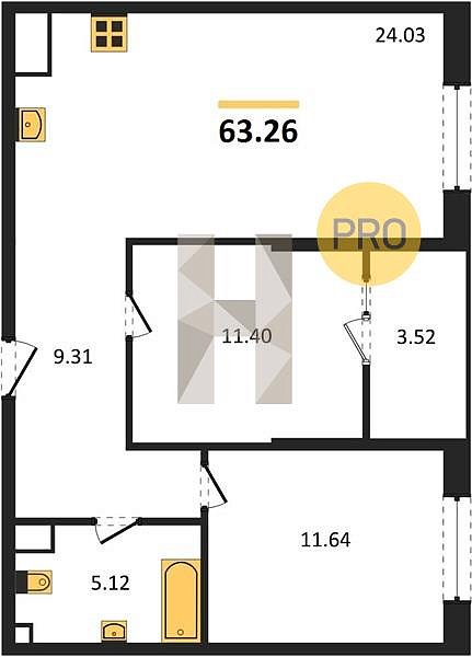 2 квартира ЖК Патрики Краснодар площадь 62.92 м2 кухня 24.03 м2 на 2 этаже номер295