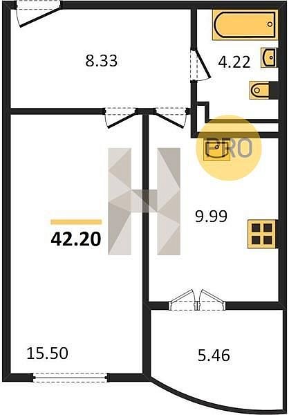 1 квартира ЖК Хорошая Погода Краснодар площадь 42.2 м2 кухня 9.99 м2 на 12 этаже номер434