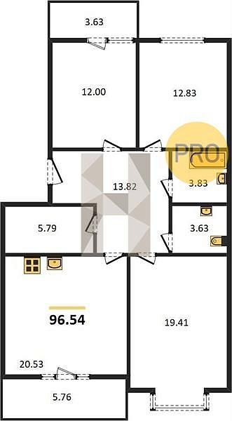 3 квартира ЖК Сердце Краснодар площадь 96.54 м2 кухня 20.53 м2 на 3 этаже номер859