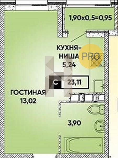 Студия квартира ЖК Архитектор Краснодар площадь 23.11 м2 кухня 5.24 м2 на 3 этаже номер110