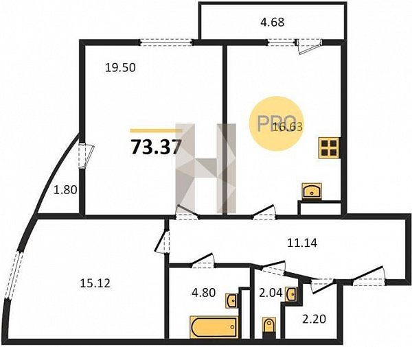 2 квартира ЖК Режиссёр Краснодар площадь 73.37 м2 кухня 16.63 м2 на 21 этаже номер624