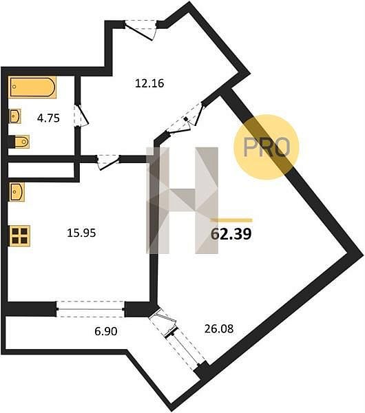1 квартира ЖК AVrorA Краснодар площадь 62.39 м2 кухня 15.95 м2 на 18 этаже номер430