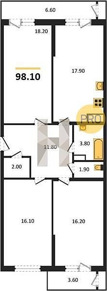 3 квартира ЖК Рекорд-2 Краснодар площадь 98.1 м2 кухня 17.9 м2 на 11 этаже номер89