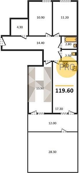 3 квартира ЖК Самолет-4 Краснодар площадь 119.6 м2 кухня 17.3 м2 на 2 этаже номер346