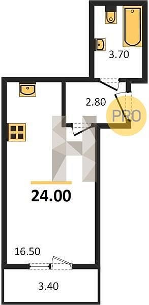 Студия квартира ЖК ДарГрад Новая Адыгея площадь 24 м2 кухня 16.5 м2 на 5 этаже номер43