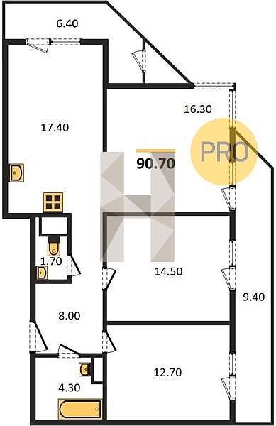 3 квартира ЖК Рекорд-2 Краснодар площадь 90.7 м2 кухня 17.4 м2 на 22 этаже номер183