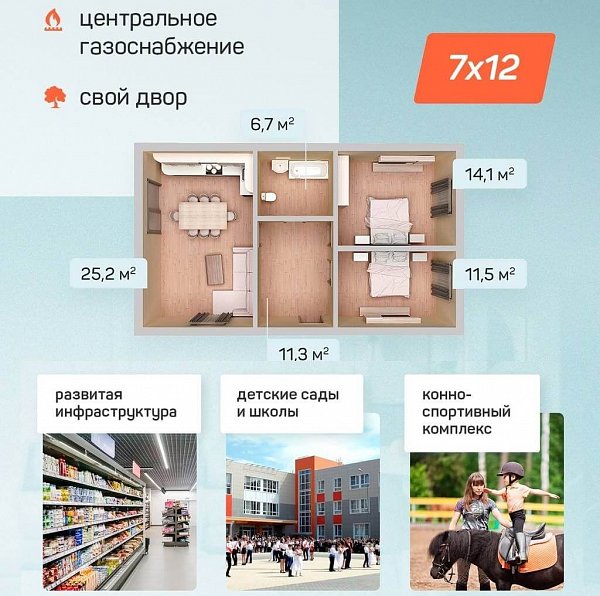 Дом кирпичный 70 м2 КП Южная Столица, 2 комнаты, кухня 25 м2
