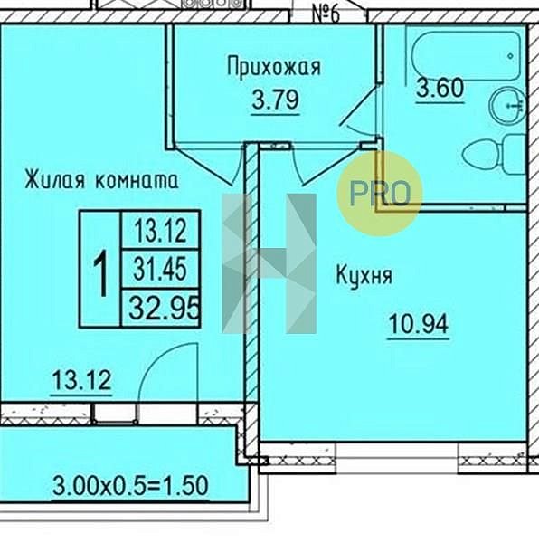 1 квартира ЖК Друг-2 Краснодар площадь 32.95 м2 кухня 10.94 м2 на 15 этаже номер136