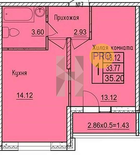 1 квартира ЖК Друг-2 Краснодар площадь 35.2 м2 кухня 14.12 м2 на 14 этаже номер427
