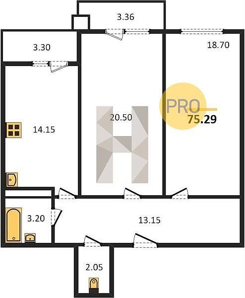 2 квартира ЖК Дом на Московской Краснодар площадь 75.29 м2 кухня 14.15 м2 на 17 этаже номер415