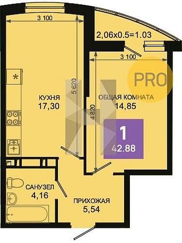 1 квартира ЖК Лучший Краснодар площадь 42.88 м2 кухня 14.85 м2 на 8 этаже номер72