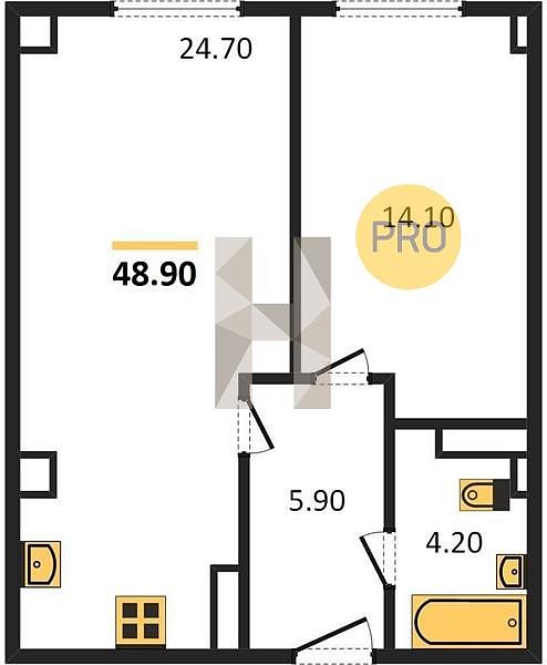 1 квартира ЖК The Grand Palace Краснодар площадь 48.8 м2 кухня 24.7 м2 на 8 этаже номер834