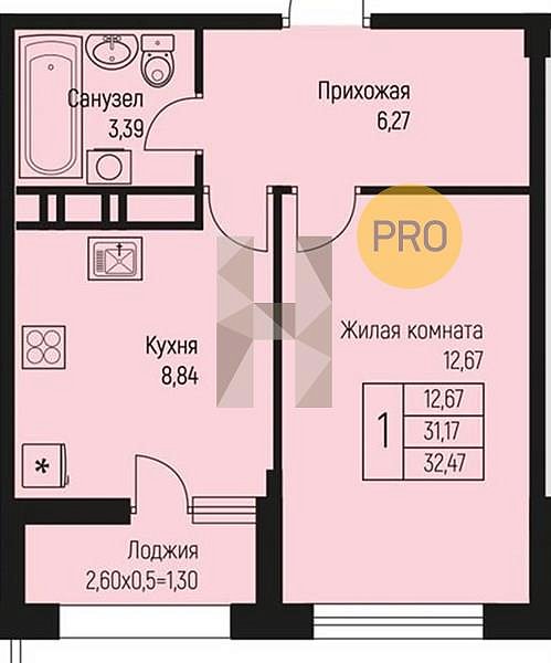 1 квартира ЖК Ритм Яблоновский площадь 32.47 м2 кухня 8.84 м2 на 10 этаже номер72