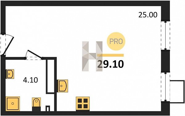 Студия квартира ЖК Парк Победы-2 Краснодар площадь 29.1 м2 кухня 25 м2 на 13 этаже номер172
