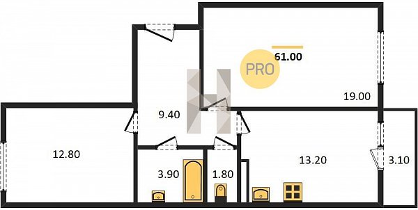 2 квартира ЖК Красная площадь Ромекс Краснодар площадь 60.9 м2 кухня 13.2 м2 на 15 этаже номер239