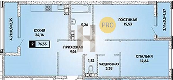 2 квартира ЖК Архитектор Краснодар площадь 60.28 м2 кухня 16.3 м2 на 3 этаже номер271