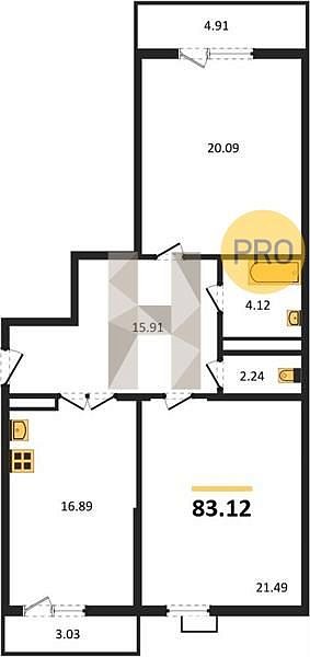 2 квартира ЖК Режиссёр Краснодар площадь 83.12 м2 кухня 16.89 м2 на 11 этаже номер311