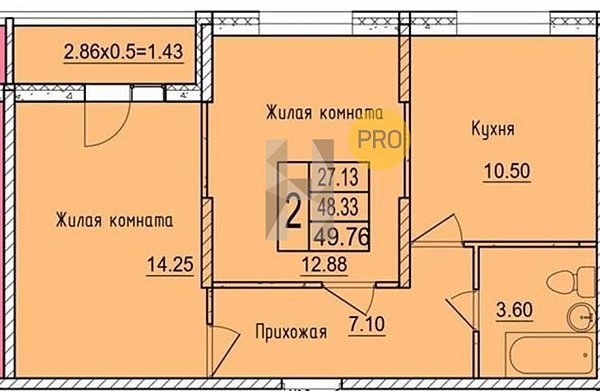 2 квартира ЖК Друг-2 Краснодар площадь 49.76 м2 кухня 10.5 м2 на 11 этаже номер92
