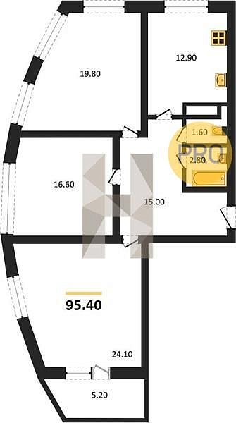 3 квартира ЖК Fresh Краснодар площадь 95.4 м2 кухня 12.9 м2 на 19 этаже номер147